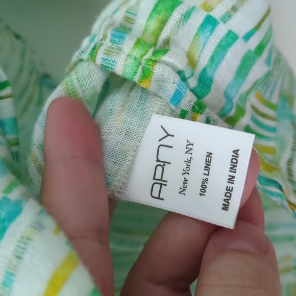 APNY Linen Abstract Geo Green And White Print Roll Tab Sleeves Women's Top XL - Picture 4 of 5